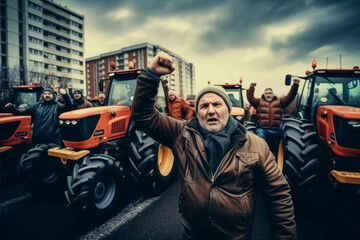 angry farmers demonstrate with tractors in the city