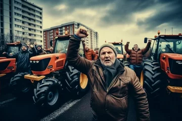 Fotobehang angry farmers demonstrate with tractors in the city © the_lightwriter