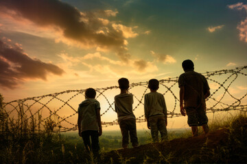 refugees kids in front of barbed wire border