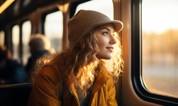 Travel Concept: Woman on Train Looking Out Window: A woman on a train looks out the window, representing the excitement and anticipation of travel.