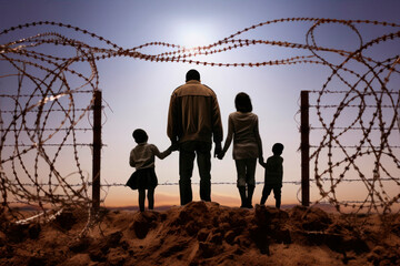 refugees in front of barbed wire border - 636341600
