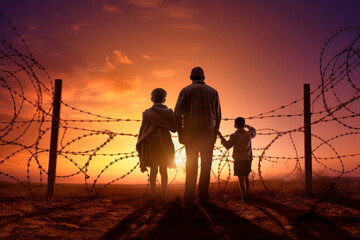 refugees in front of barbed wire border - 636341613