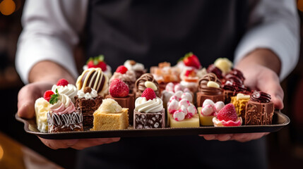 close-up of the waiter's hands holding a tray with assorted desserts generative ai