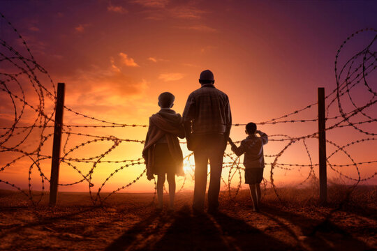 refugees in front of barbed wire border