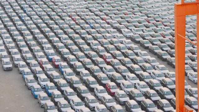 4k, panoramic aerial view, Lots of new vehicles are parked at the Jeddah seaport waiting to be loaded, Saudi Arabia