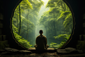 a man meditates against the background of green calm nature, the concept of yoga, self-knowledge generative ai