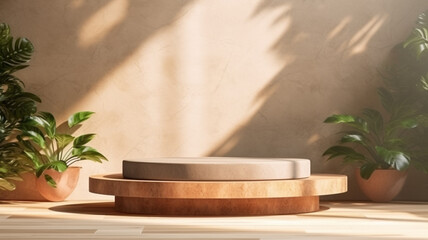 Elegant stone podium in sunlight marble background