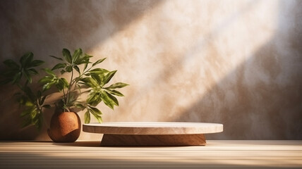 Wooden podium in sunlight plants creamy background