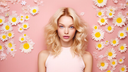Obraz na płótnie Canvas photo blond hair girl with white yellow flowers pink background