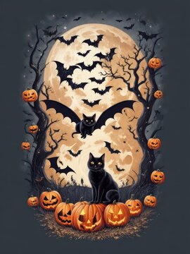 Halloween scene with black cats, spiders and pumpkin, with beautiful nocturnal moon and bats in the background, deep impression illustration, print ready vector t-shirt design