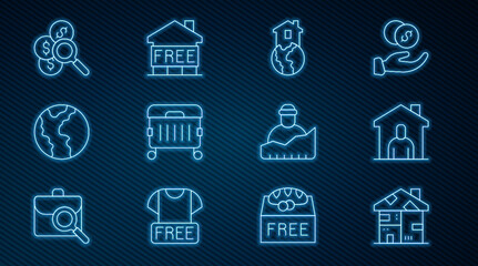 Set line Homeless cardboard house, Shelter for homeless, Trash can, Global economic crisis, Search money, Growth of and icon. Vector