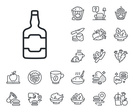 Scotch alcohol sign. Crepe, sweet popcorn and salad outline icons. Whiskey bottle line icon. Whiskey bottle line sign. Pasta spaghetti, fresh juice icon. Supply chain. Vector