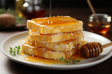  sliced cheese on a white plate with honey sauce
 - Powered by Adobe