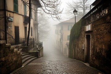 An eerie fog blankets a quaint medieval street in Bergamo's Citta Alta, Lombardia. Generative AI