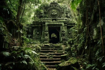 An aged temple hidden amidst dense foliage, resembling remnants of a lost civilization. Generative AI