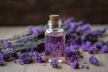 Transparent lavender essential oil bottle against a backdrop of lavender flowers. Generative AI
