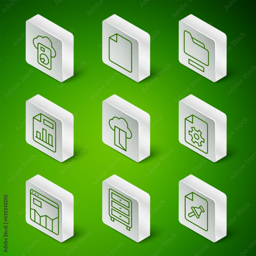 Poster set line note paper with push button, archive papers drawer, cloud database, document graph chart, f