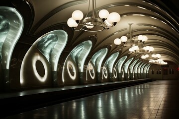 A surreal subway tunnel with round ceiling lights and arched pillars on the platform. Generative AI