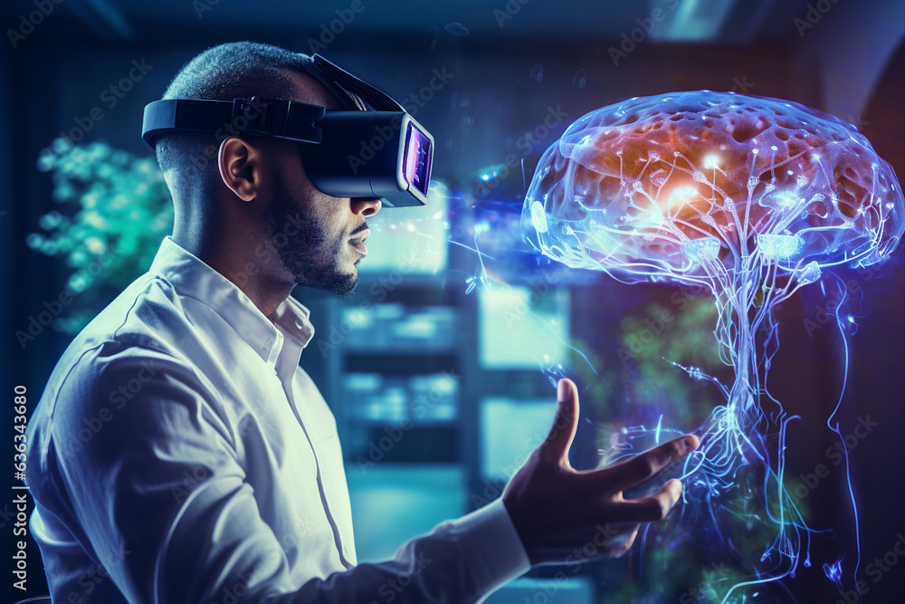 Poster generative ai image picture collage of doctor using innovative technology using device vr box