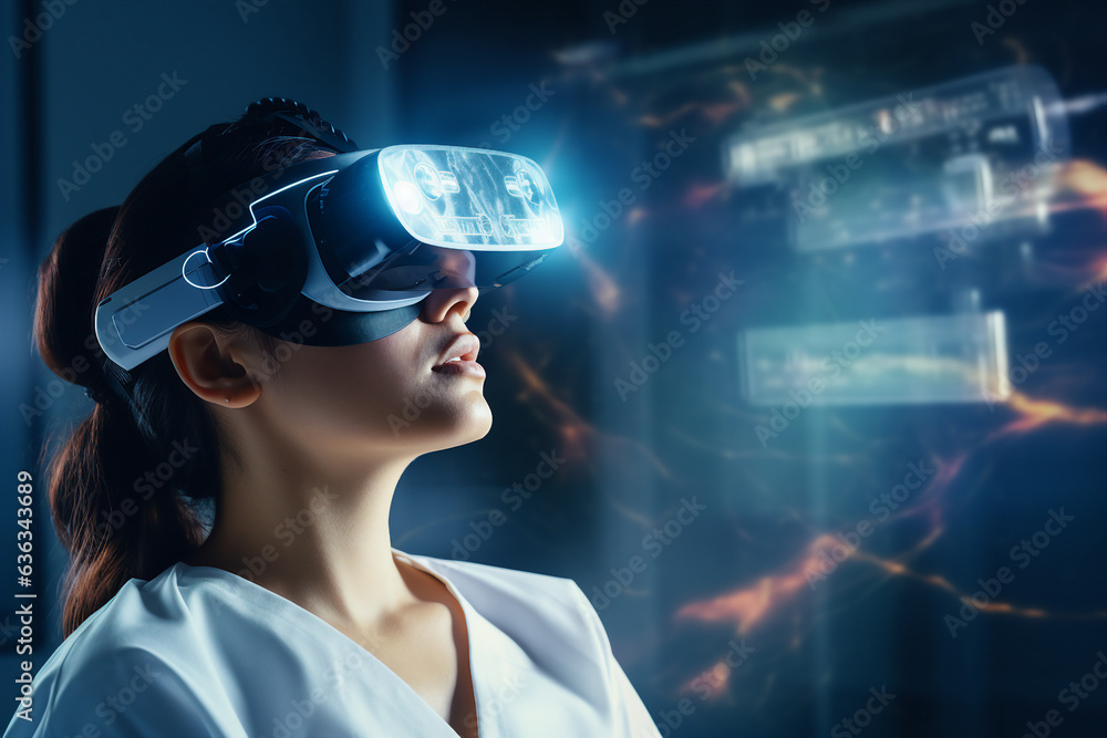 Poster generative ai image picture collage of doctor using innovative technology using device vr box
