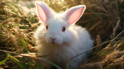 Albino Rabbit: In this image, an albino rabbit nibbles on grass, its pink eyes reflecting the surrounding natural light
