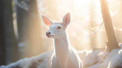 Albino Deer: The close-up portrait captures an albino deer amidst a forest clearing,