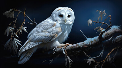 Albino Owl: The portrait showcases an albino owl perched on a branch