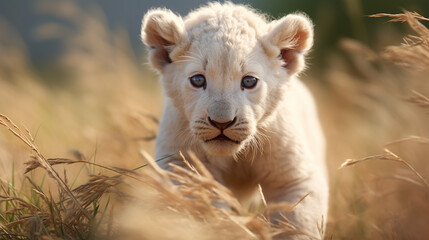 Obraz premium Albino Lion Cub: An image of an albino lion cub playfully exploring the savannah
