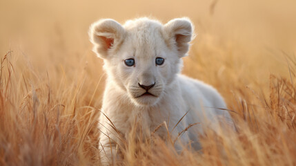 Obraz premium Albino Lion Cub: An image of an albino lion cub playfully exploring the savannah