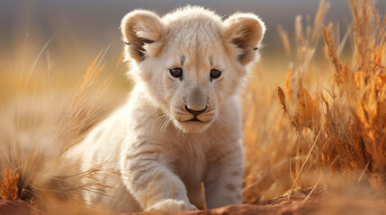 Obraz premium Albino Lion Cub: An image of an albino lion cub playfully exploring the savannah