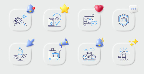Bike, Luggage trolley and Mountain bike line icons. Buttons with 3d bell, chat speech, cursor. Pack of Destination flag, Lighthouse, Petrol station icon. Luggage protect, Eco power pictogram. Vector