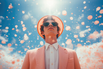 Gentleman in pink tones on a background of a blue sky