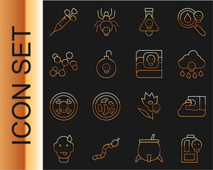 Set line Beaker with toxic liquid, Wastewater, Acid rain, Bottle potion, Nuclear bomb, Chemical formula, Syringe and Book about poisons icon. Vector