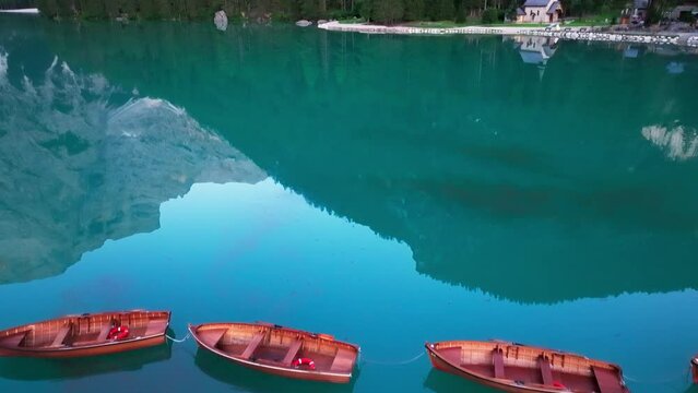 Lago di Braies at sunrise, Dolomites, Italy