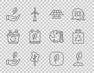Set line Plant in hand, Sprout, Solar energy panel, Tree, Leaf, Calendar with autumn leaves, Eco symbol and Shopping bag recycle icon. Vector