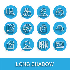 Set line Location with house, Folded map location marker, Search, Gps device, Compass, Toll road traffic and icon. Vector