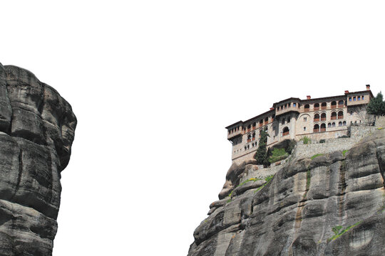 Greece Meteora moaastery on rocks isolated on white transparent background, PNG