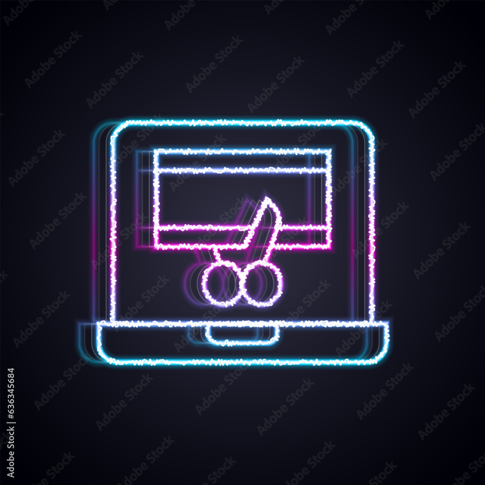Poster glowing neon line video recorder or editor software on laptop icon isolated on black background. vid