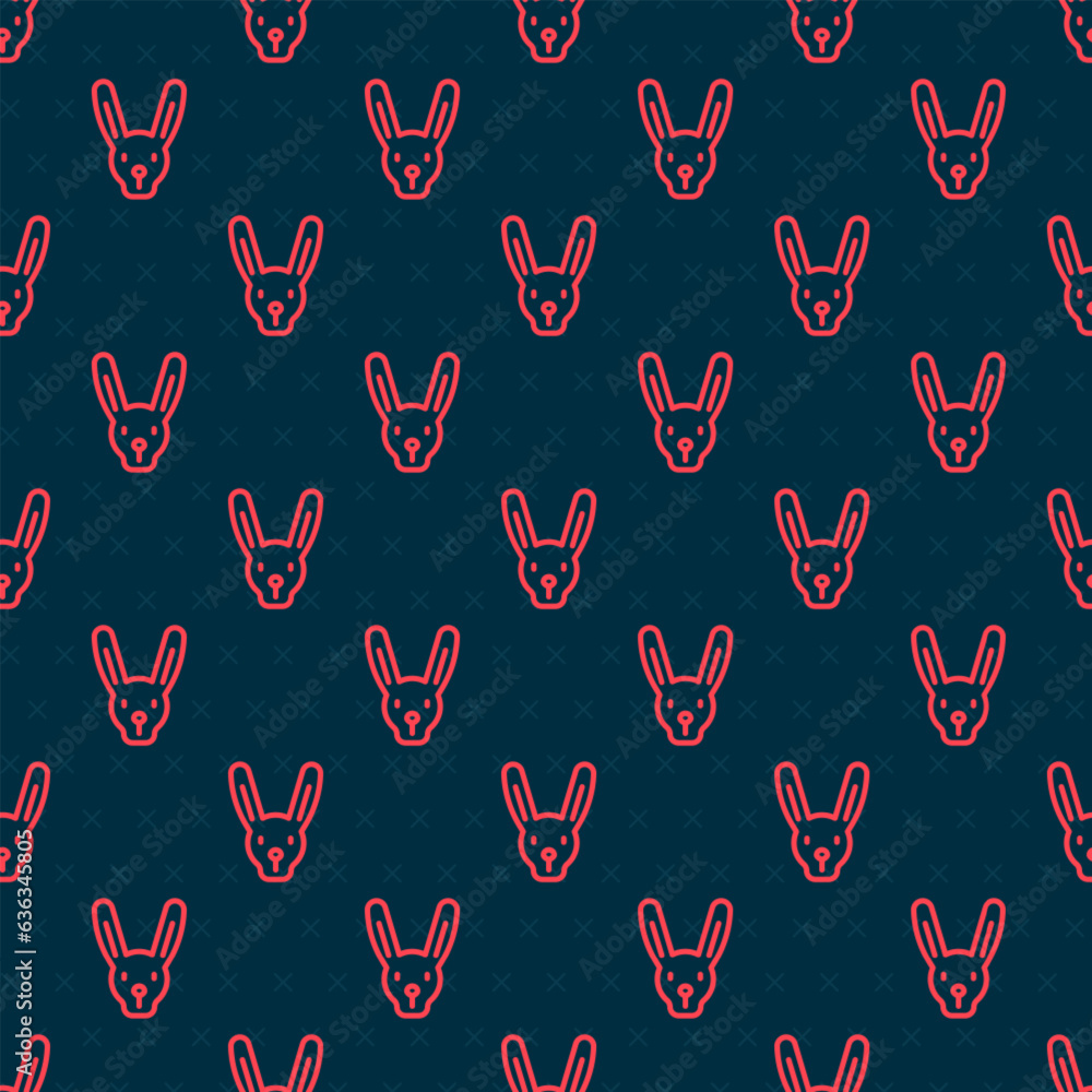 Poster red line rabbit with ears icon isolated seamless pattern on black background. magic trick. mystery e