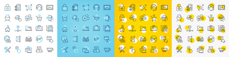 Vector icons set of Online voting, Exit and House dimension line icons pack for web with International delivery, Chemistry lab, Software outline icon. Home, Event click, Hammer tool pictogram. Vector