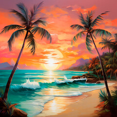 sunset/sunrise on the ocean/sea beach with palm trees created with Generative Ai