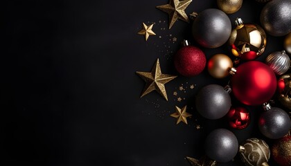 Weihnachtliche Dekoration aus roten, goldenen, silbernen Kugeln (KI-/AI-generiert)