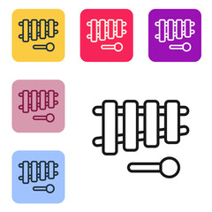Black line Xylophone - musical instrument with thirteen wooden bars and two percussion mallets icon isolated on white background. Set icons in color square buttons. Vector
