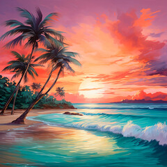 Fototapeta na wymiar sunset/sunrise on the ocean/sea beach with palm trees created with Generative Ai