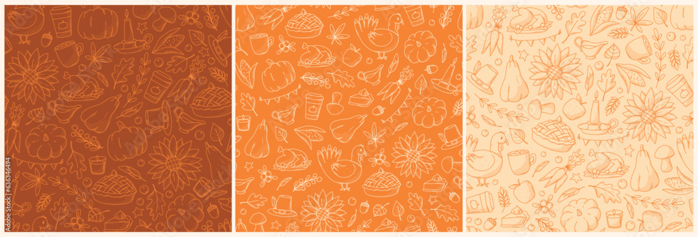 Wall mural autumn and thanksgiving set of semaless patterns. fall patterns collection with doodles for wallpape