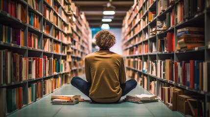 Smart creative man student holding book sitting on floor among bookshelves in modern university campus library, Generative AI
