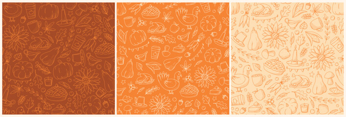 autumn and thanksgiving set of semaless patterns. Fall patterns collection with doodles for wallpaper, wrapping paper, scrapbooking, backgrounds, packaging, textile prints, etc. EPS 10 - obrazy, fototapety, plakaty
