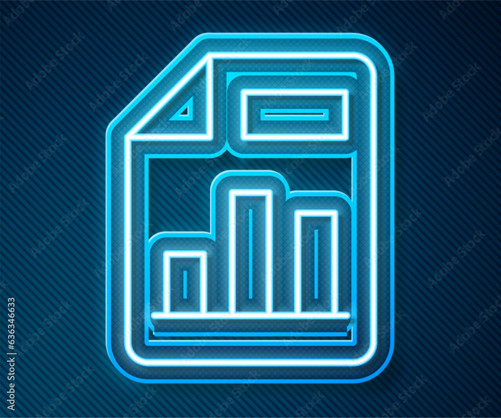 Poster glowing neon line document with graph chart icon isolated on blue background. report text file icon.