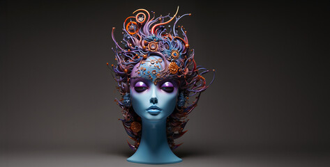 Skulpture Frau mit vielen bunten Farben künstlerisch dargestellt in Querformat als Banner, ai generativ