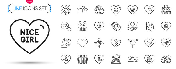 Pack of Kiss me, Be true and Hold heart line icons. Include Inclusion, Like button, Miss you pictogram icons. Love night, Lgbt, Wedding rings signs. Love heart, Friendship, Romantic dinner. Vector
